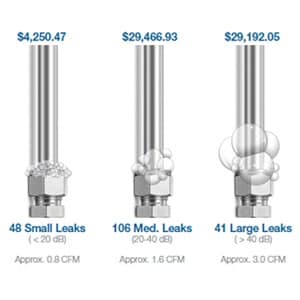 The cost of compressed air leaks at various cubic feet per minute