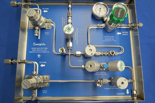 Helium leak test panel, assembled using VCR and micro-fit weld fittings