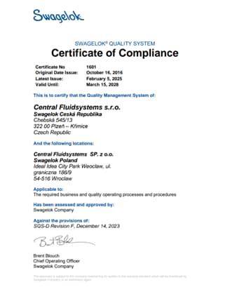 Swagelok Certificate of Compliance