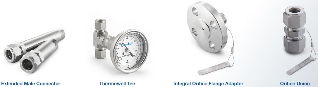 orifice flange adapter, union, thermowell tee, extended male connector