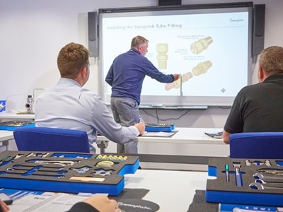 A Swagelok training session where an instructor presents a slide on tube fitting installation to a classroom of professionals, with toolkits laid out on the desks.