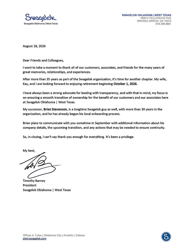 tim barney retirement announcement letter