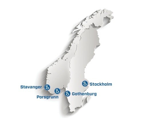 Map of Norway and Sweden highlighting the four cities where Swagelok has locations: Stavanger, Porsgrunn, Gothenburg, and Stockholm.