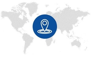 Map of the world with a pin icon representing local service globally delivered