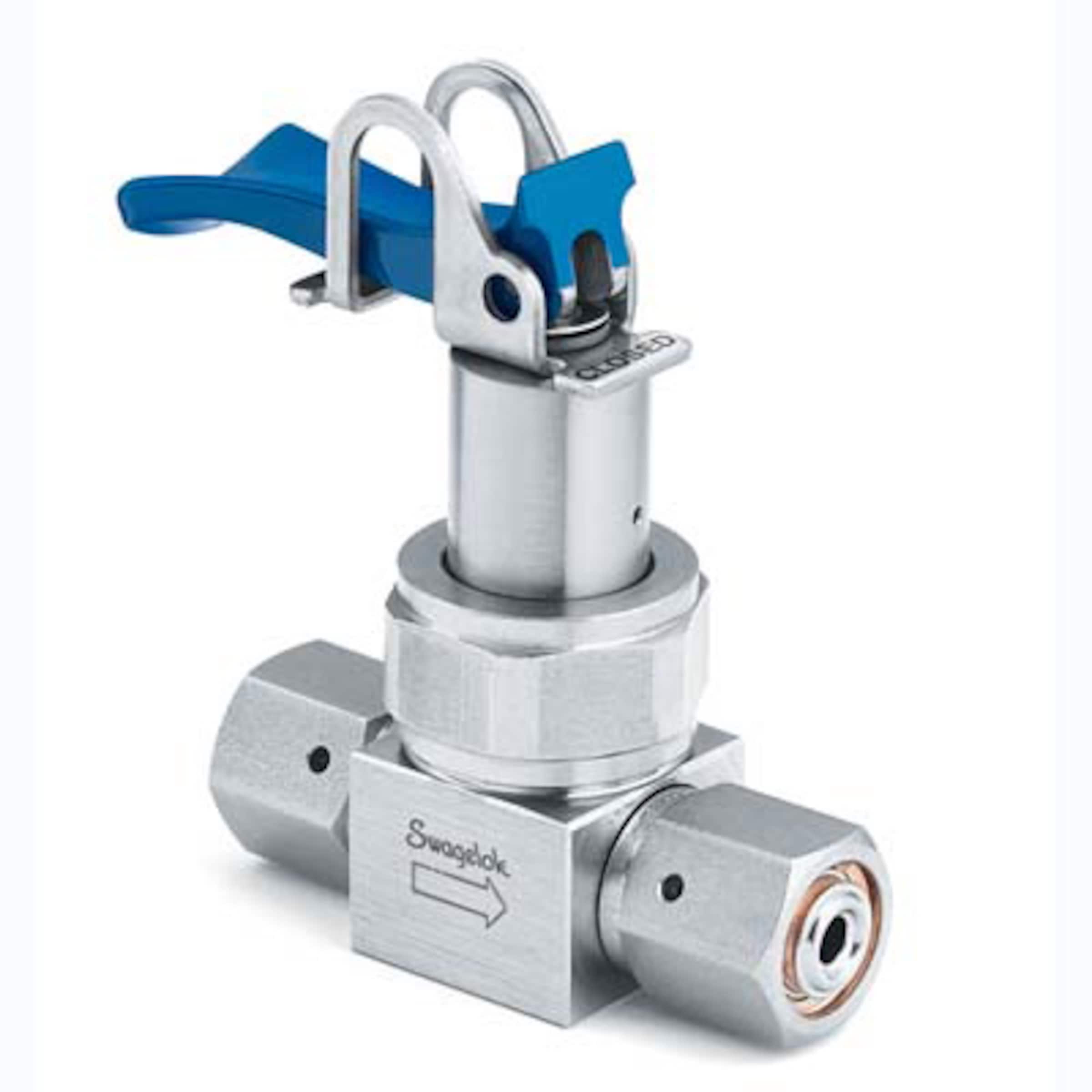 316L VIM-VAR UHP Diaphragm Sealed Valve, 1/4 in. Female VCR Fitting, SC-01  Cleaned, Blue Toggle Handle, Ultrahigh-Purity Shutoff Diaphragm Valves, DP  Series, Diaphragm-Sealed Valves, Valves, All Products