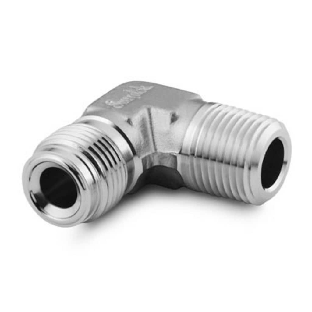 Raccords — Raccords VCR® à étanchéité de surface avec joint métallique — Connecteurs mâles — Coudes à 90°