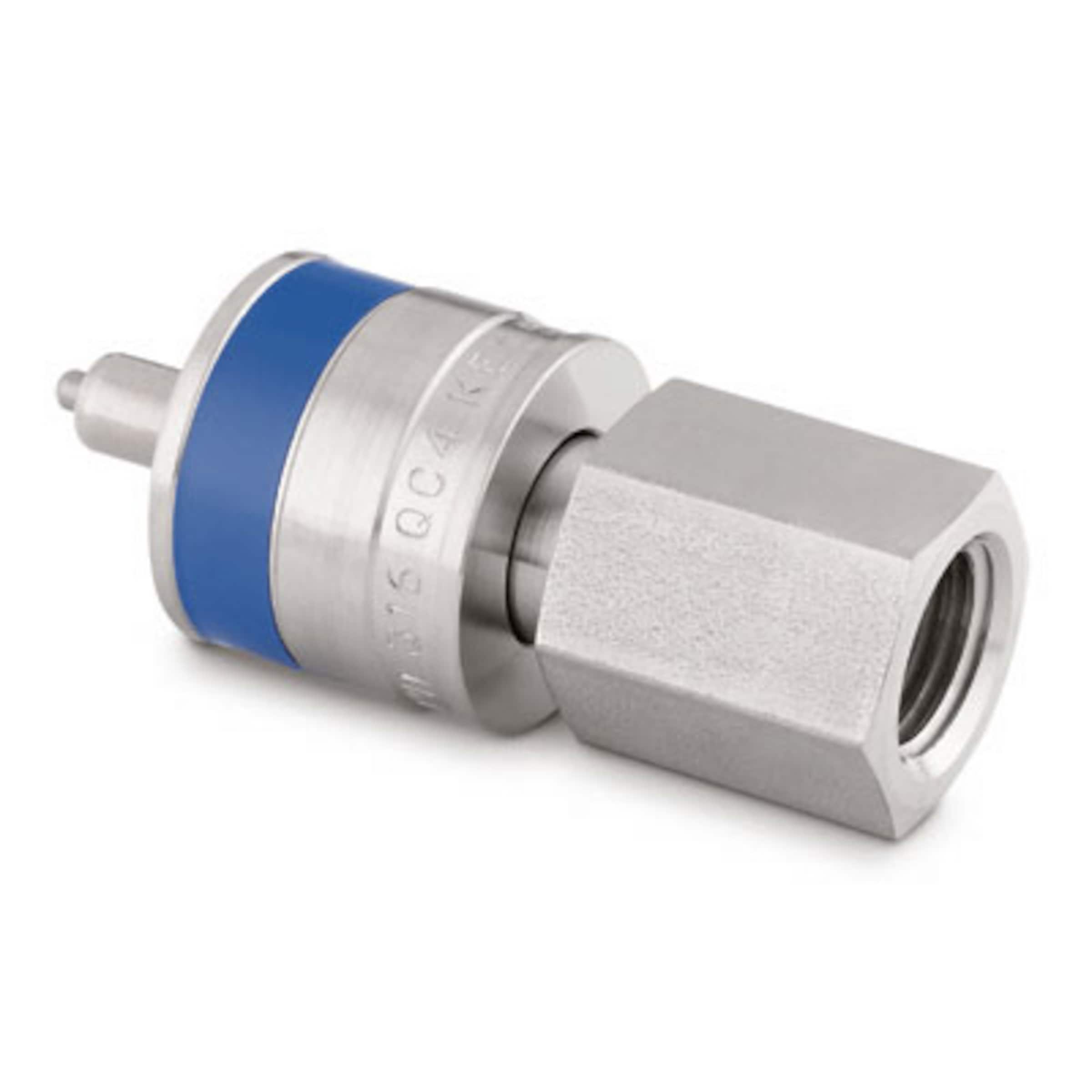 Stainless Steel Instrumentation Quick Connect Stem with Valve, 0.2 Cv, 1/4 in. Female NPT, Blue