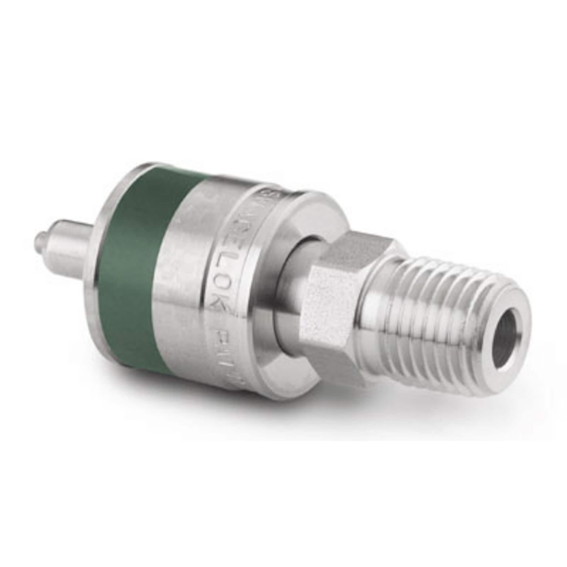 Stainless Steel Instrumentation Quick Connect Stem with Valve, 0.2 Cv, 1/4 in. Male NPT, Green