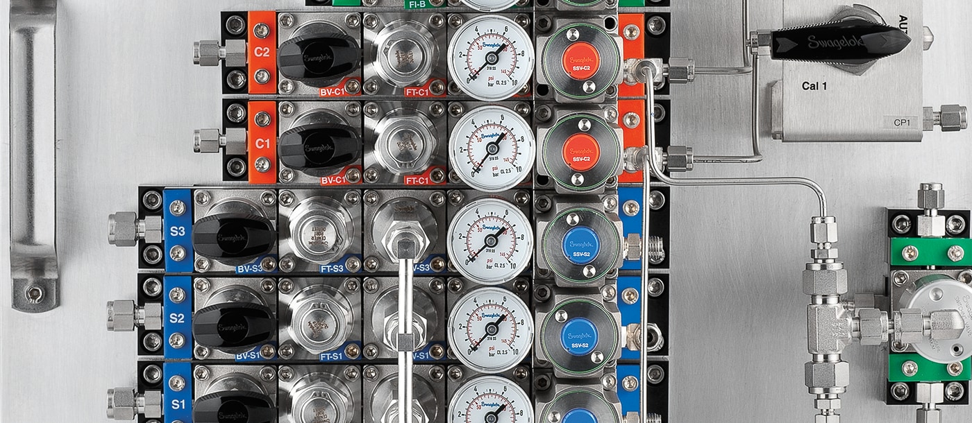 Analytical instrumentation panel with Swagelok valves and gauges
